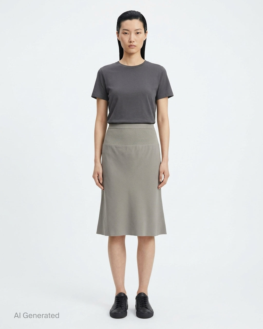 Rick Owens Short Bias Skirt in black, featuring a wide ribbed waistband and fluid bias-cut A-line silhouette, photographed flat on a white background - front