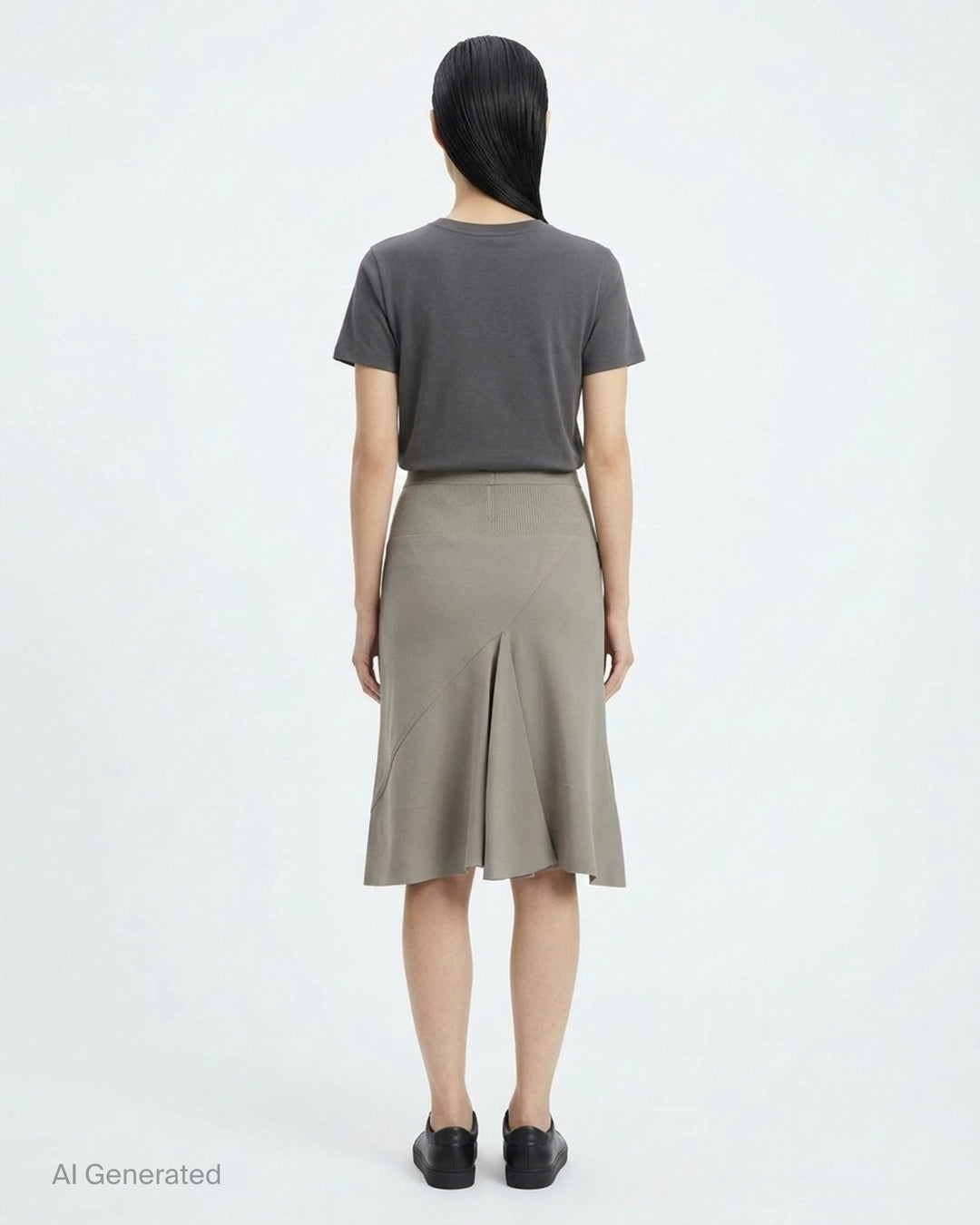 Rick Owens Short Bias Skirt in black, featuring a wide ribbed waistband and fluid bias-cut A-line silhouette, photographed flat on a white background - back