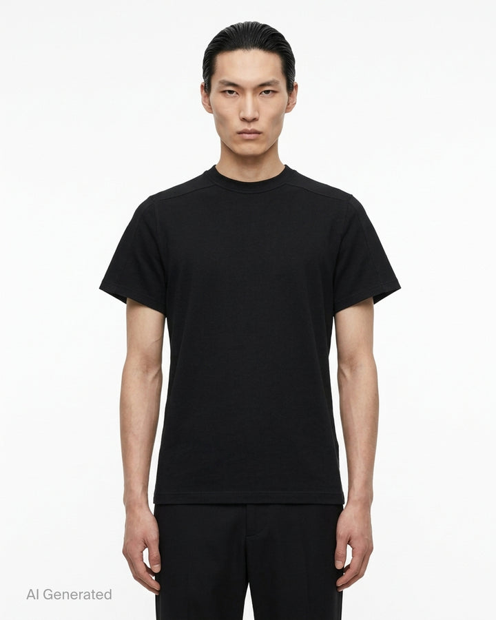 Back view of the Rick Owens Short Level Wool Silk Jersey Tee in black, showing the crewneck, shoulder seams and short sleeves - front