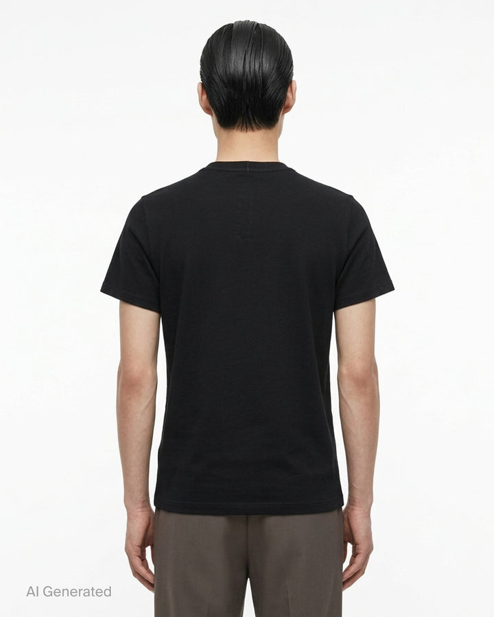 Back view of the Rick Owens Short Level Wool Silk Jersey Tee in black, showing the crewneck, shoulder seams and short sleeves - back