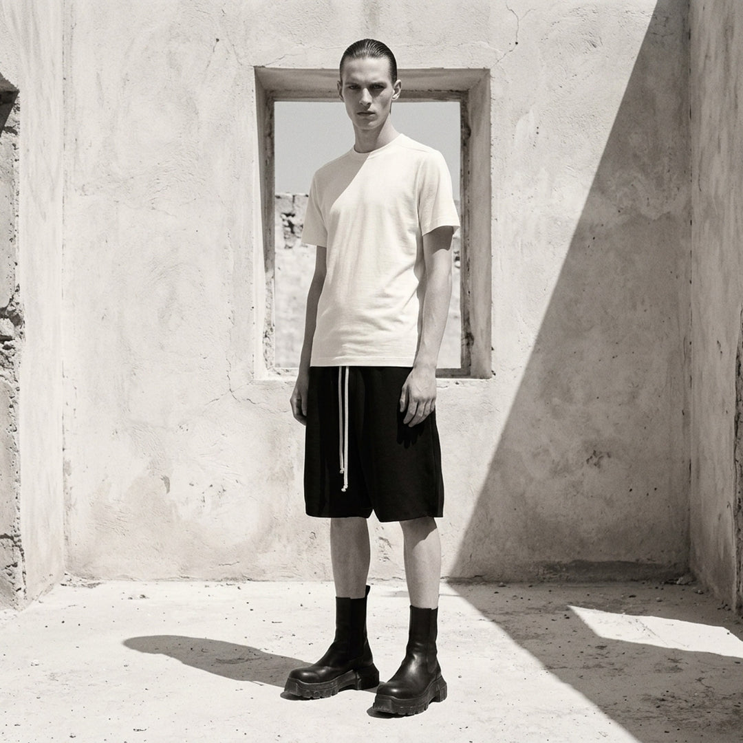 Back view of the Rick Owens Short Level Wool Silk Jersey Tee in black, showing the crewneck, shoulder seams and short sleeves - lifestyle