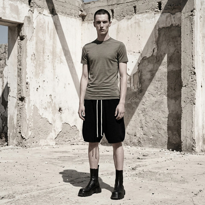 Back view of the Rick Owens Short Level Wool Silk Jersey Tee in black, showing the crewneck, shoulder seams and short sleeves - lifestyle
