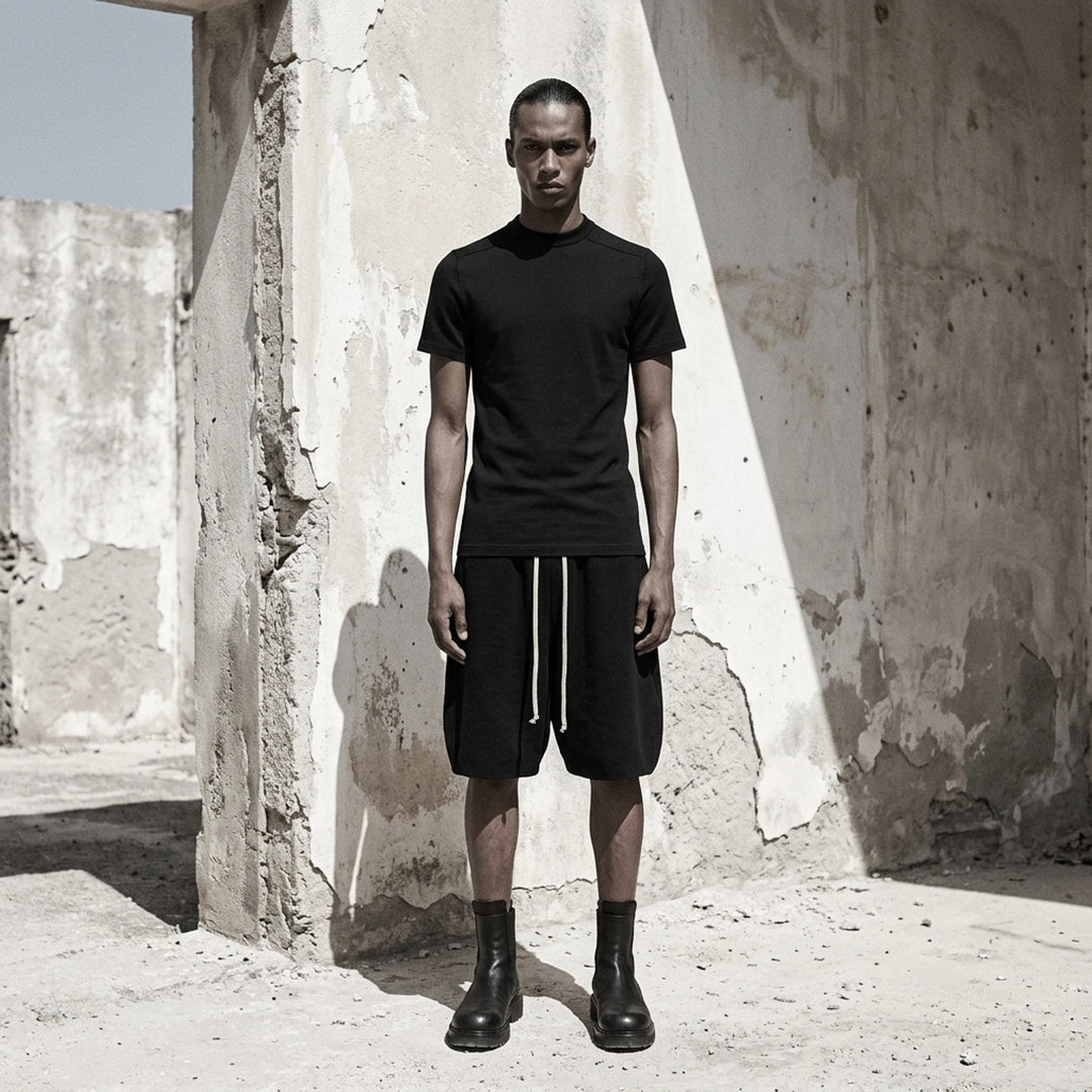 Back view of the Rick Owens Short Level Wool Silk Jersey Tee in black, showing the crewneck, shoulder seams and short sleeves - lifestyle