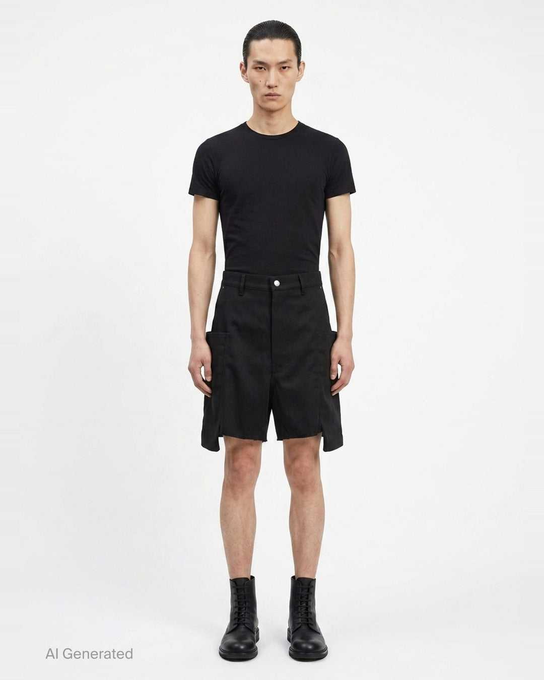Rick Owens Stefan Cargo Twisted Shorts in black, featuring oversized patch pockets, raw-hem leg openings, and a silver snap button fastening at the waistband - front