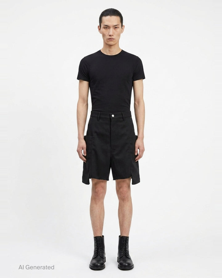 Rick Owens Stefan Cargo Twisted Shorts in black, featuring oversized patch pockets, raw-hem leg openings, and a silver snap button fastening at the waistband - front