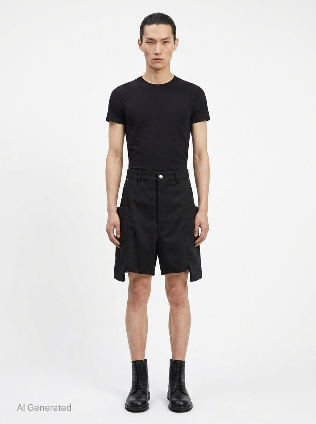 Rick Owens Stefan Cargo Twisted Shorts in black, featuring oversized patch pockets, raw-hem leg openings, and a silver snap button fastening at the waistband - front