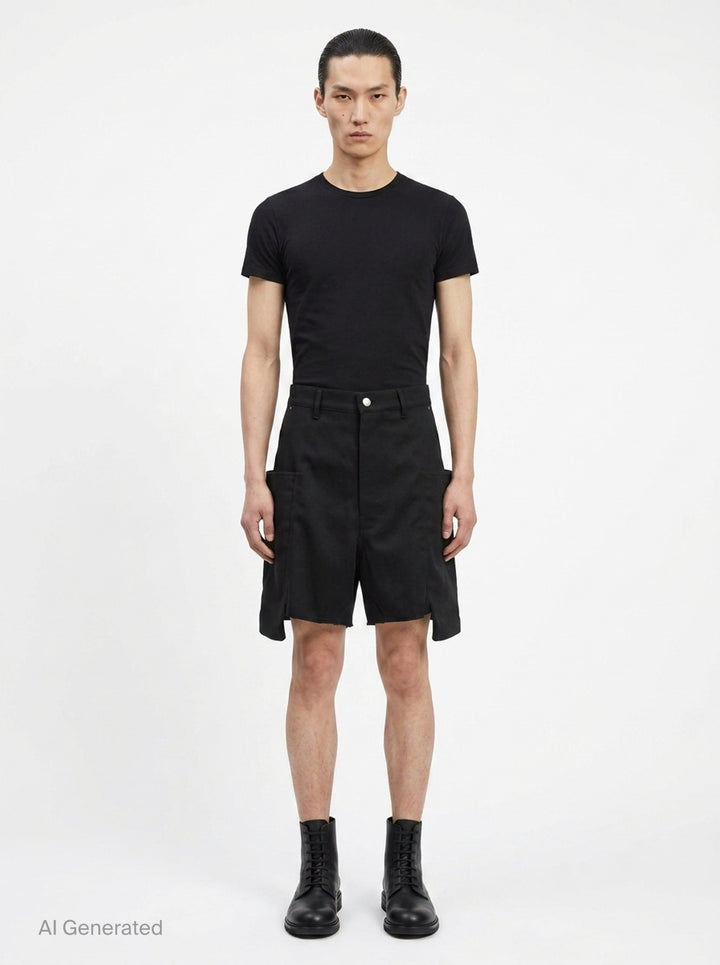 Rick Owens Stefan Cargo Twisted Shorts in black, featuring oversized patch pockets, raw-hem leg openings, and a silver snap button fastening at the waistband - front
