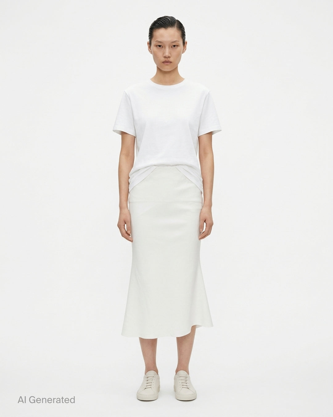 Rick Owens Strutter midi skirt in off-white cady with angled yoke seaming and a flared hem - front