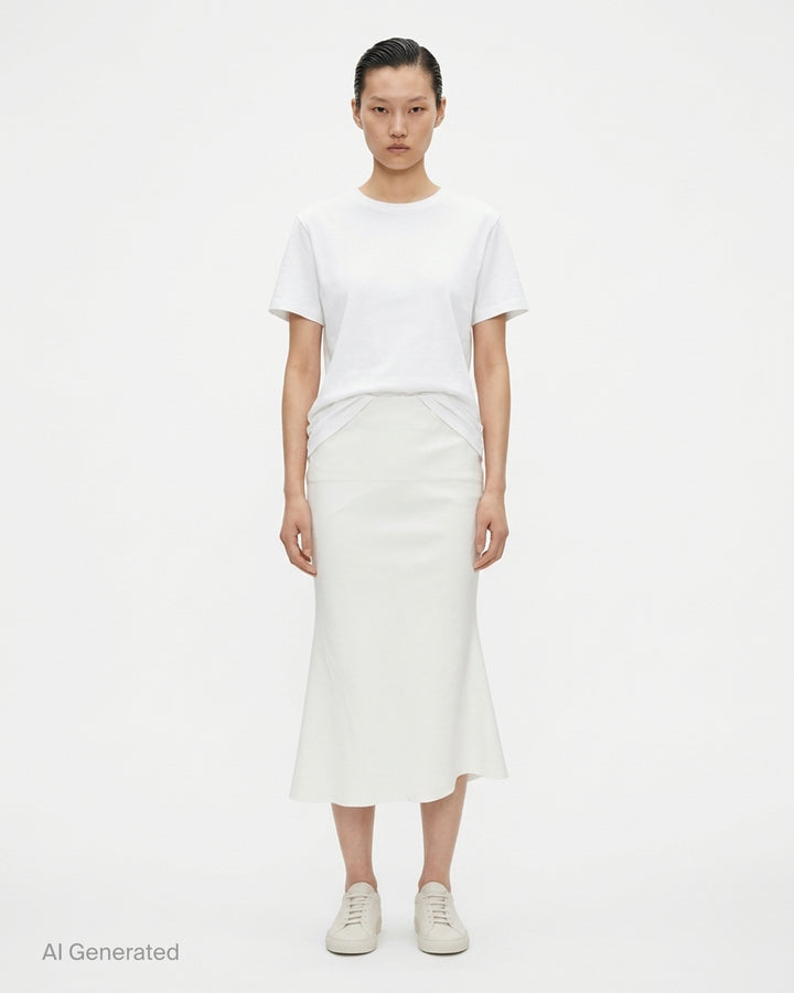 Rick Owens Strutter midi skirt in off-white cady with angled yoke seaming and a flared hem - front