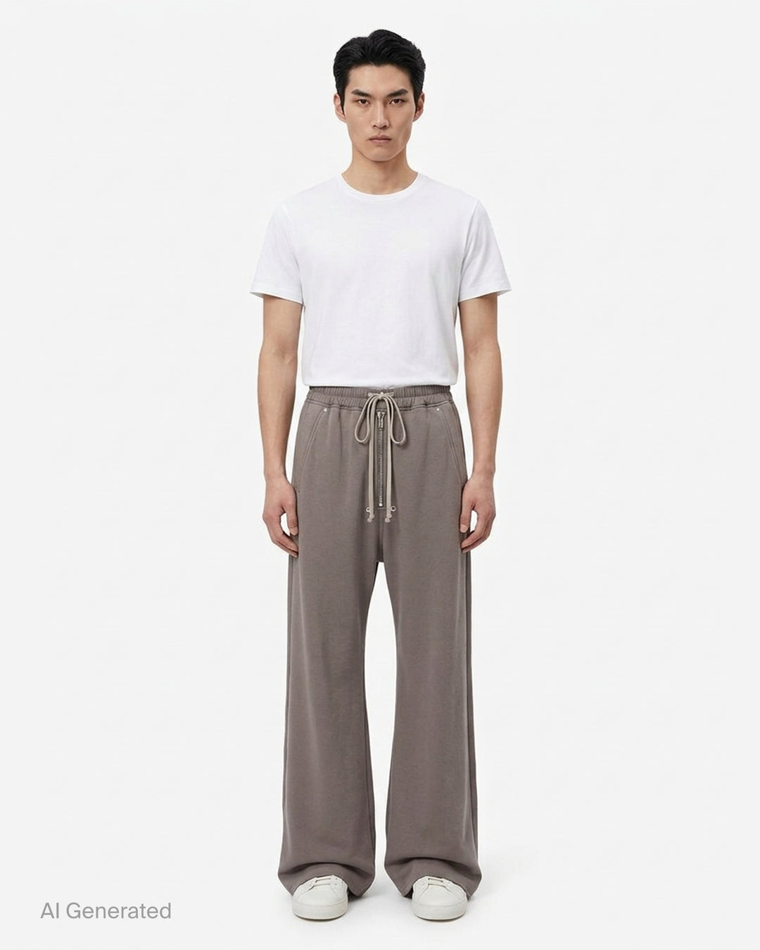 Rick Owens Wide Bela Pants in taupe grey with elasticated drawstring waist, zip-front detail and wide-leg silhouette, shown from the front - front