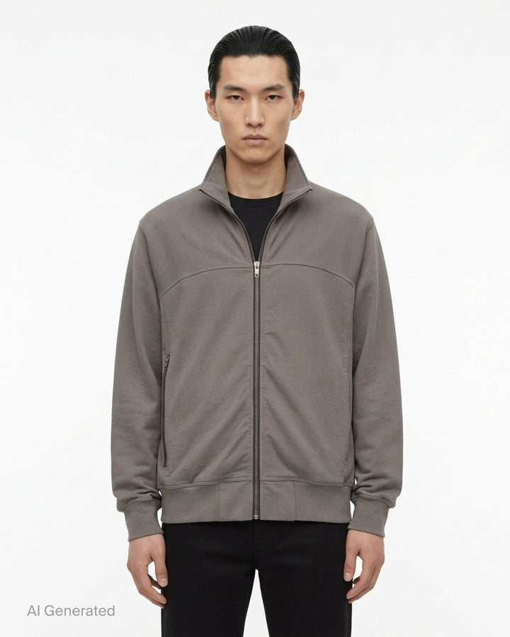 Rick Owens grey zip-up track jacket with funnel collar, curved chest seam, zipped pocket and ribbed cuffs and hem - front