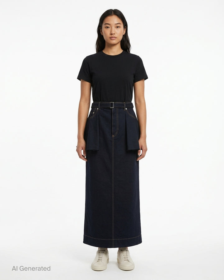 sacai belted peplum denim midi skirt in dark indigo with contrast topstitching, shown from the front - front