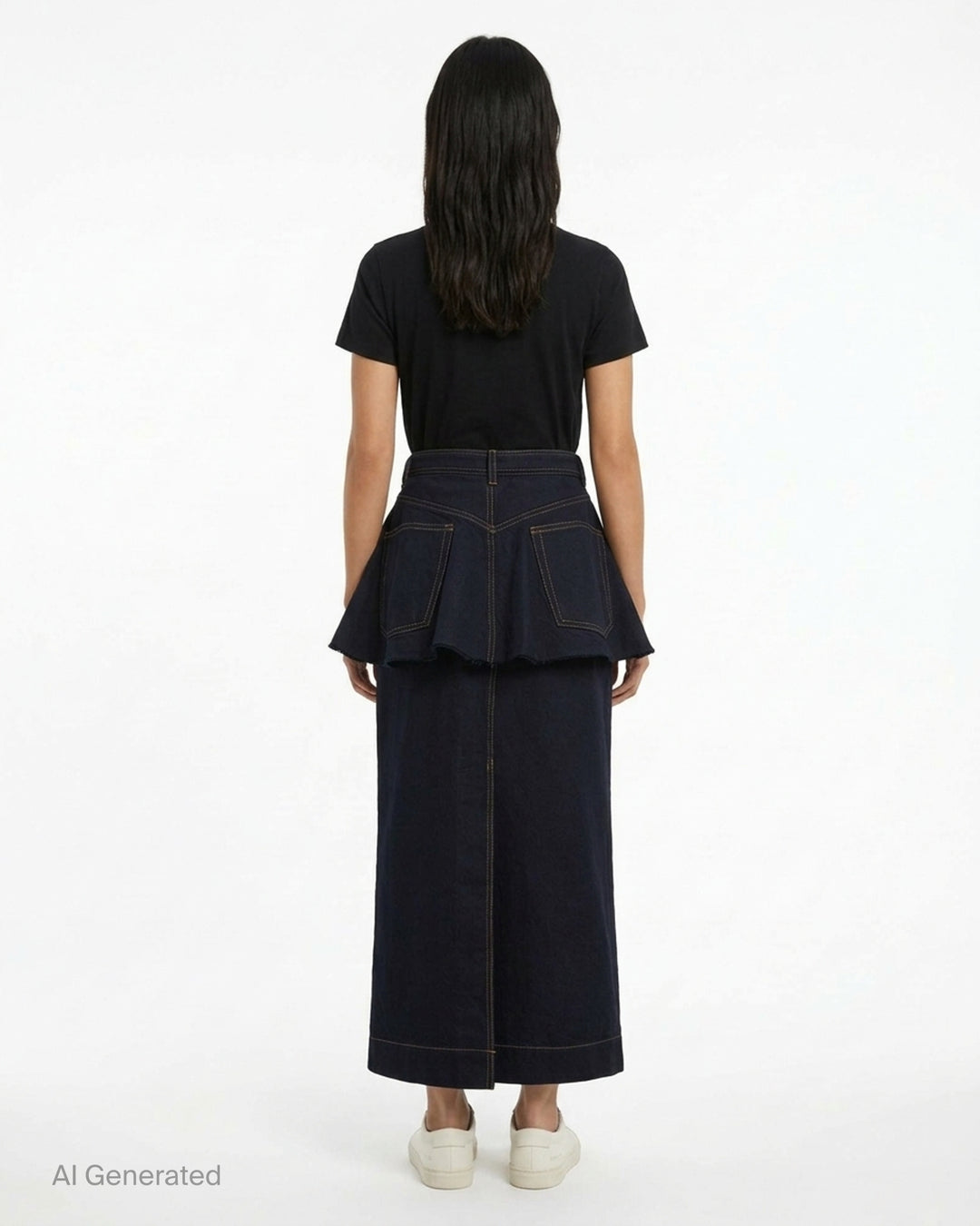 sacai belted peplum denim midi skirt in dark indigo with contrast topstitching, shown from the front - back