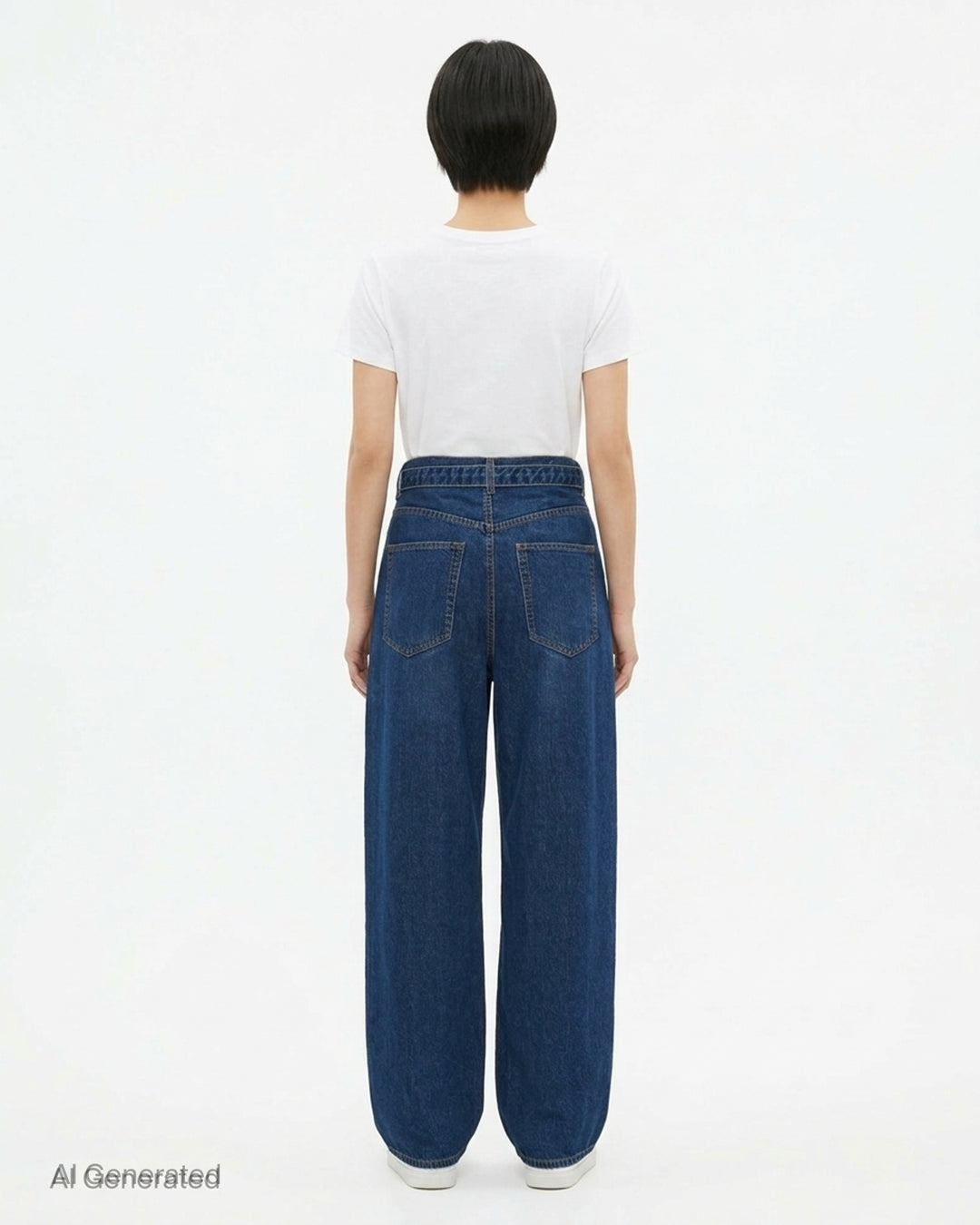 sacai belted wide-leg barrel jeans in washed black denim with deep front pleats, contrast stitching, and tapered hem, photographed flat on white background - back