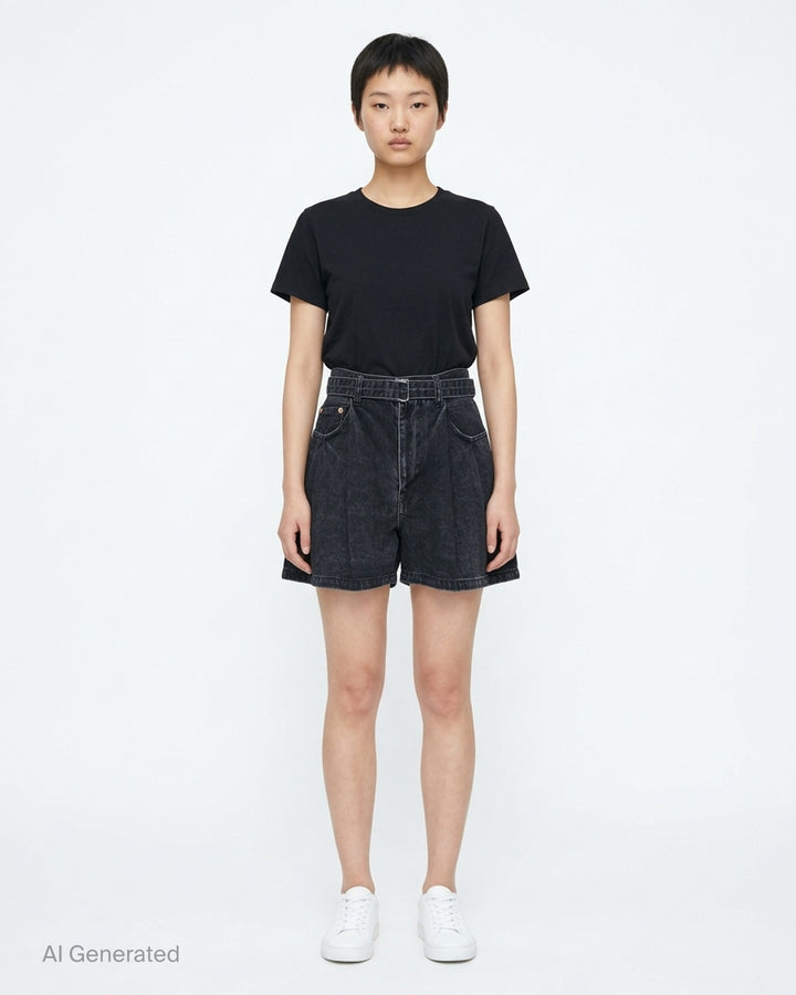sacai belted wide-leg denim shorts in washed black with front pleats, contrast stitching, and an integrated metal-buckle belt - front