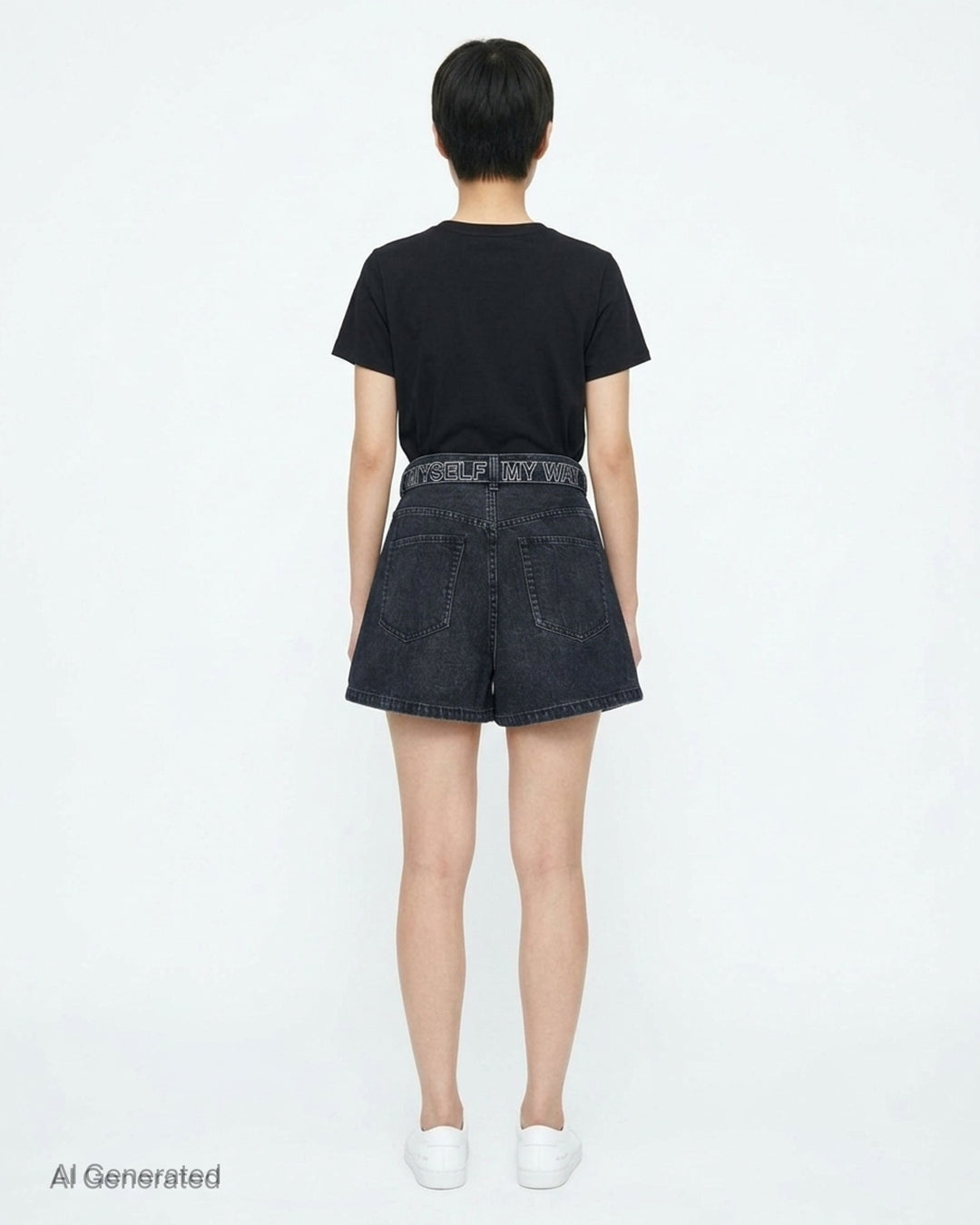 sacai belted wide-leg denim shorts in washed black with front pleats, contrast stitching, and an integrated metal-buckle belt - back