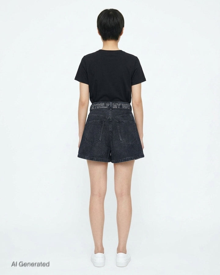 sacai belted wide-leg denim shorts in washed black with front pleats, contrast stitching, and an integrated metal-buckle belt - back