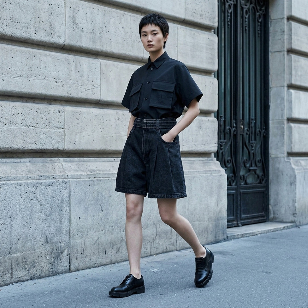 sacai belted wide-leg denim shorts in washed black with front pleats, contrast stitching, and an integrated metal-buckle belt - lifestyle