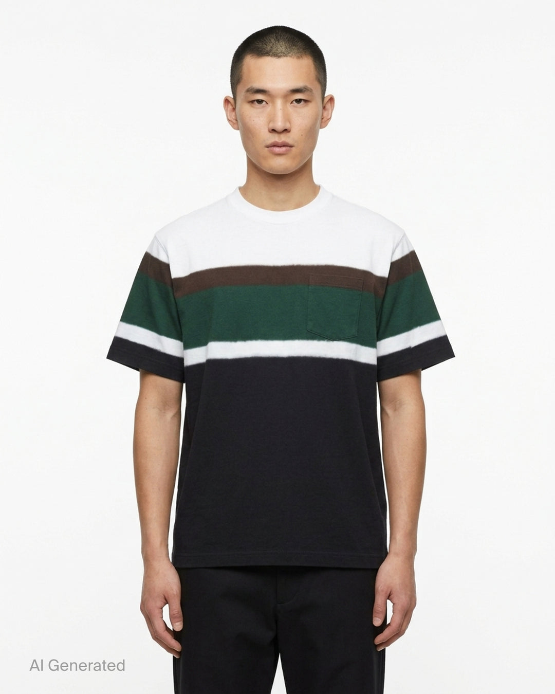 sacai chusen-dyed cotton jersey T-shirt with white, brown, green and navy dyed bands and a chest pocket - front