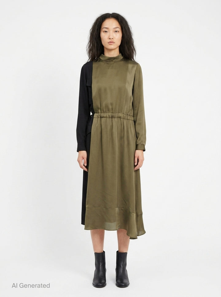 sacai Crepe Back Satin x Satin midi dress in olive and black, featuring an asymmetric contrast panel on one sleeve, mock neck collar, drawstring waist, and ruffled hem - front