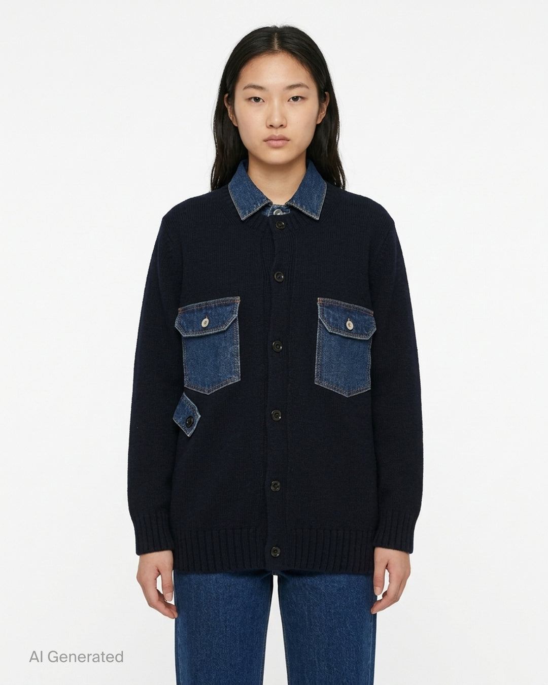 sacai Denim Contrast Wool Knit Cardigan in navy, featuring an indigo denim collar, double chest patch pockets with snap closures, and a button-front fastening - front