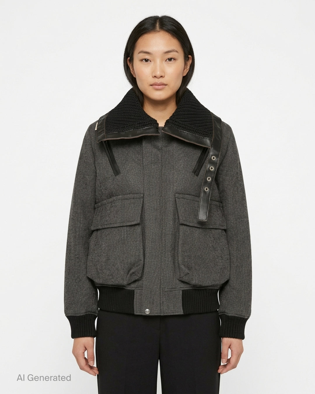 sacai double-faced herringbone bomber jacket in grey with black chunky knit collar, leather trim, asymmetric snap placket, and ribbed cuffs and hem - front