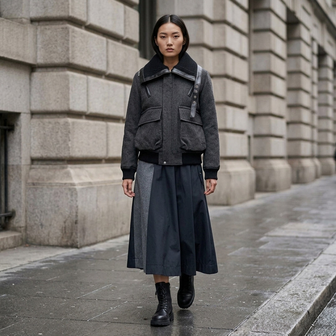 sacai double-faced herringbone bomber jacket in grey with black chunky knit collar, leather trim, asymmetric snap placket, and ribbed cuffs and hem - lifestyle