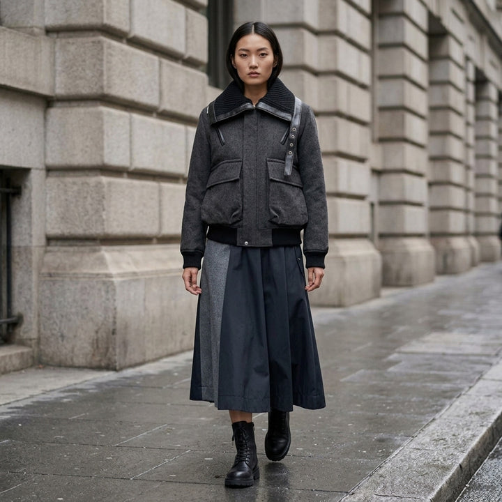 sacai double-faced herringbone bomber jacket in grey with black chunky knit collar, leather trim, asymmetric snap placket, and ribbed cuffs and hem - lifestyle