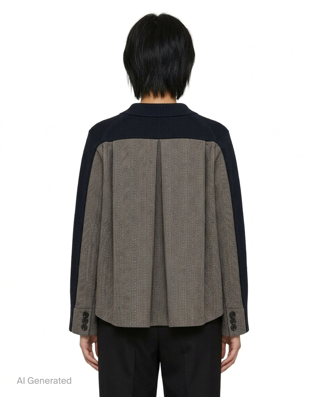 sacai Double-Faced Herringbone Cardigan in navy knit and brown herringbone tweed, shown flat with button-through front and ribbed trim detailing - back