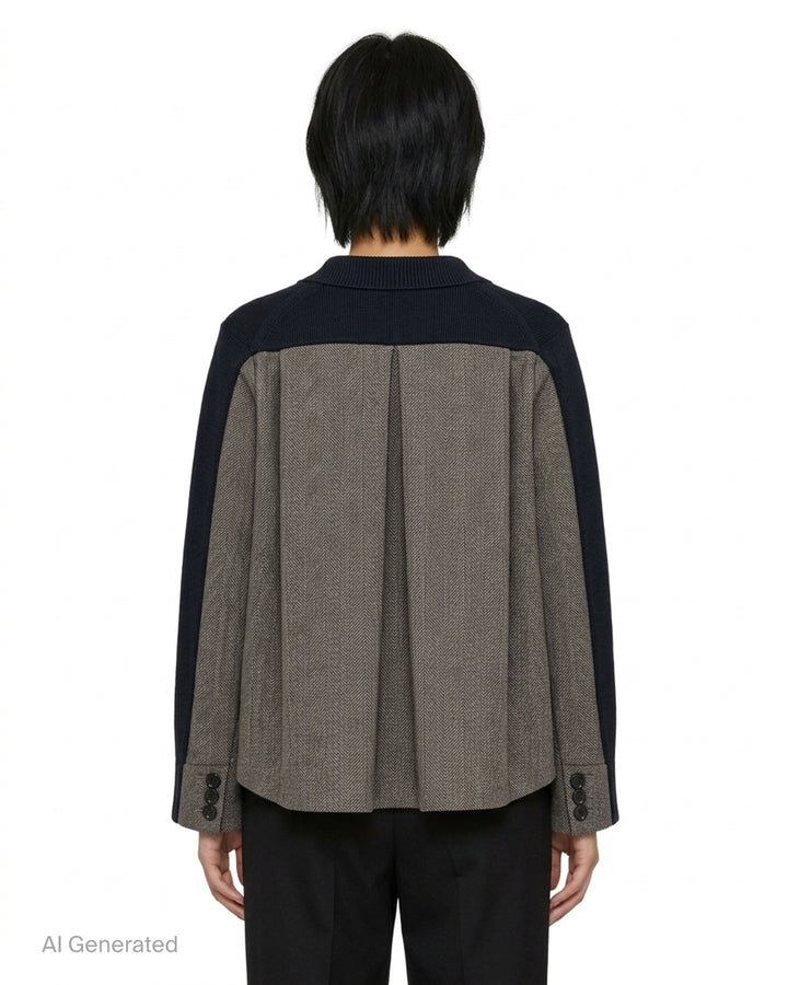 sacai Double-Faced Herringbone Cardigan in navy knit and brown herringbone tweed, shown flat with button-through front and ribbed trim detailing - back