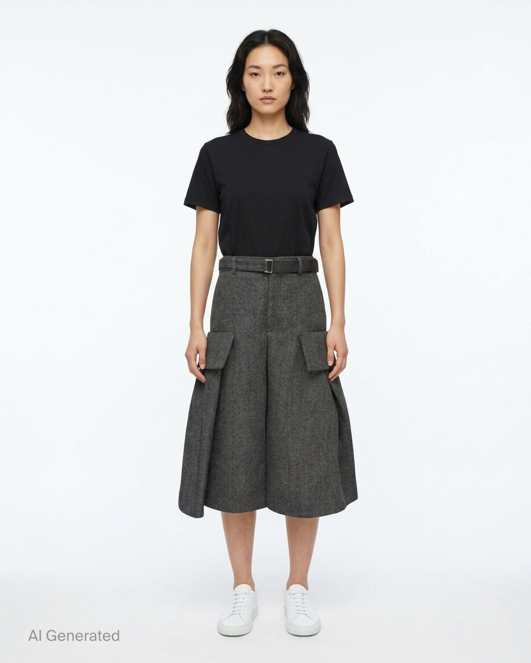 sacai Double-Faced Herringbone Midi Skirt in charcoal grey, featuring voluminous pleats, dual cargo patch pockets, and a black leather adjustable belt at the waist - front