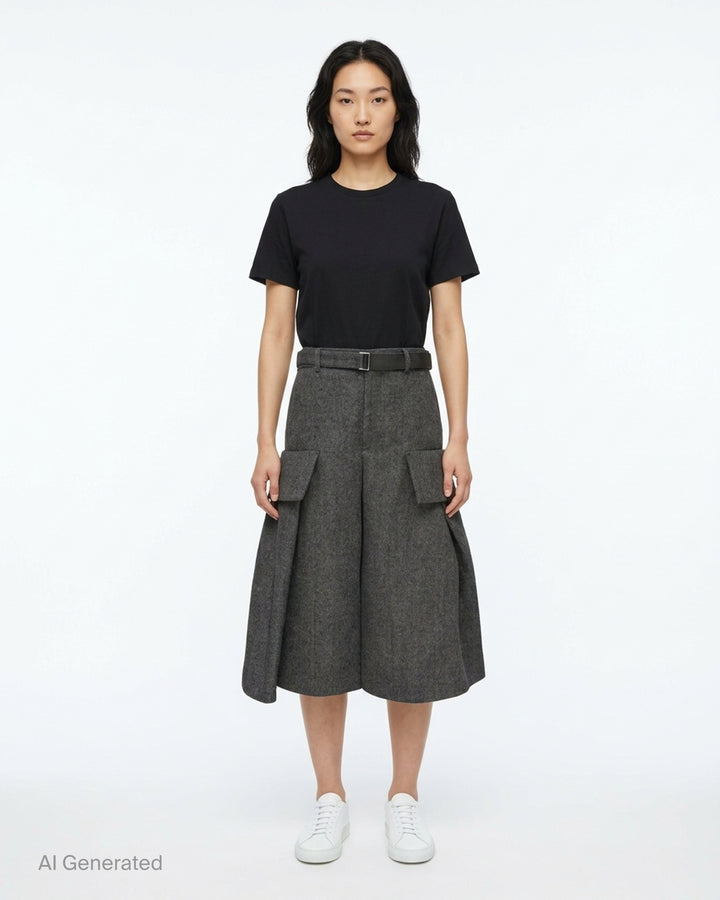 sacai Double-Faced Herringbone Midi Skirt in charcoal grey, featuring voluminous pleats, dual cargo patch pockets, and a black leather adjustable belt at the waist - front