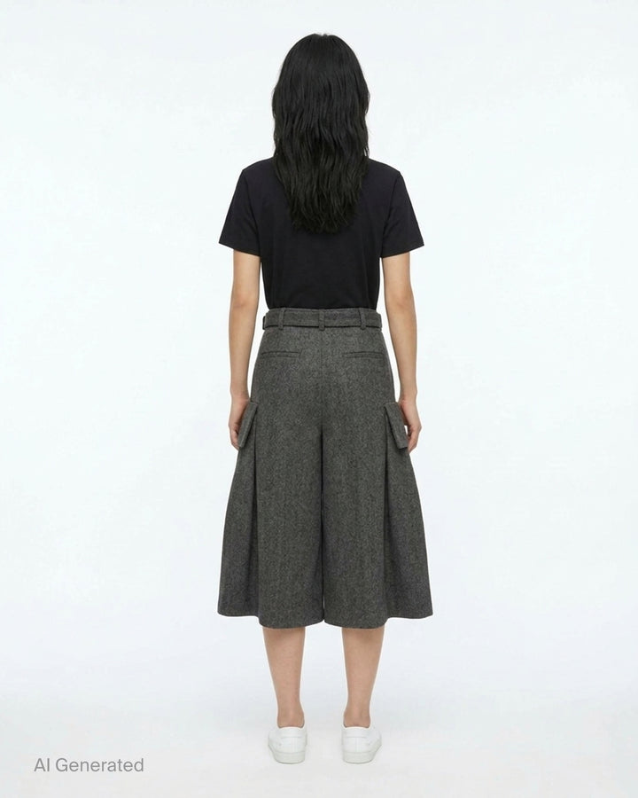 sacai Double-Faced Herringbone Midi Skirt in charcoal grey, featuring voluminous pleats, dual cargo patch pockets, and a black leather adjustable belt at the waist - back