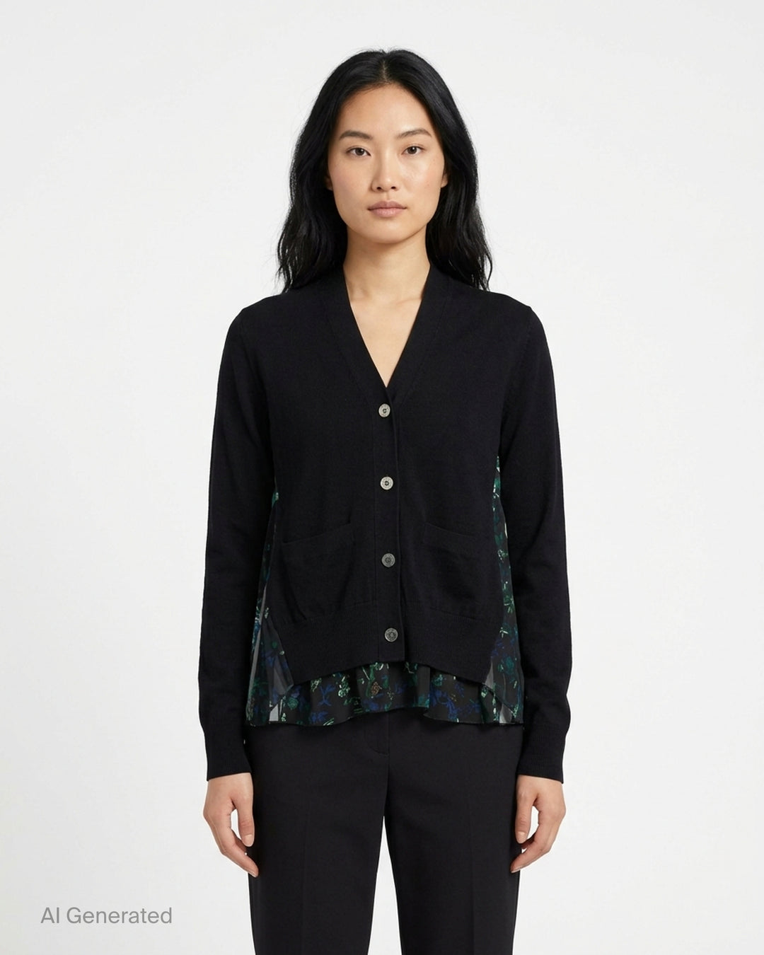sacai black cotton knit cardigan with V-neckline, button front, patch pockets and a pleated sheer floral-print back panel - front