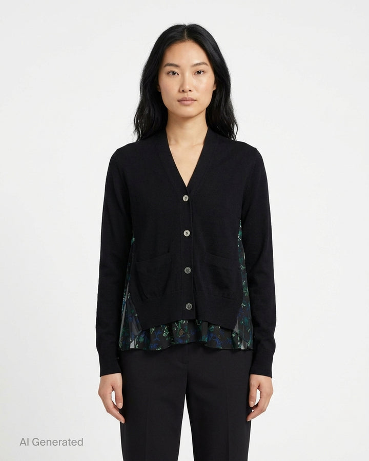 sacai black cotton knit cardigan with V-neckline, button front, patch pockets and a pleated sheer floral-print back panel - front