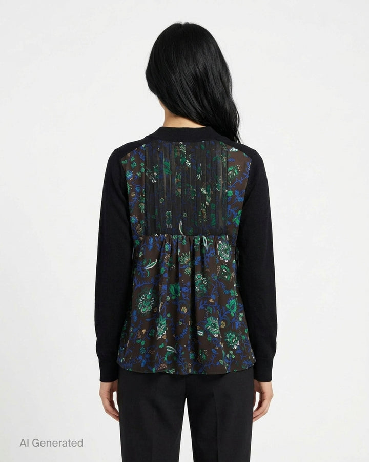 sacai black cotton knit cardigan with V-neckline, button front, patch pockets and a pleated sheer floral-print back panel - back