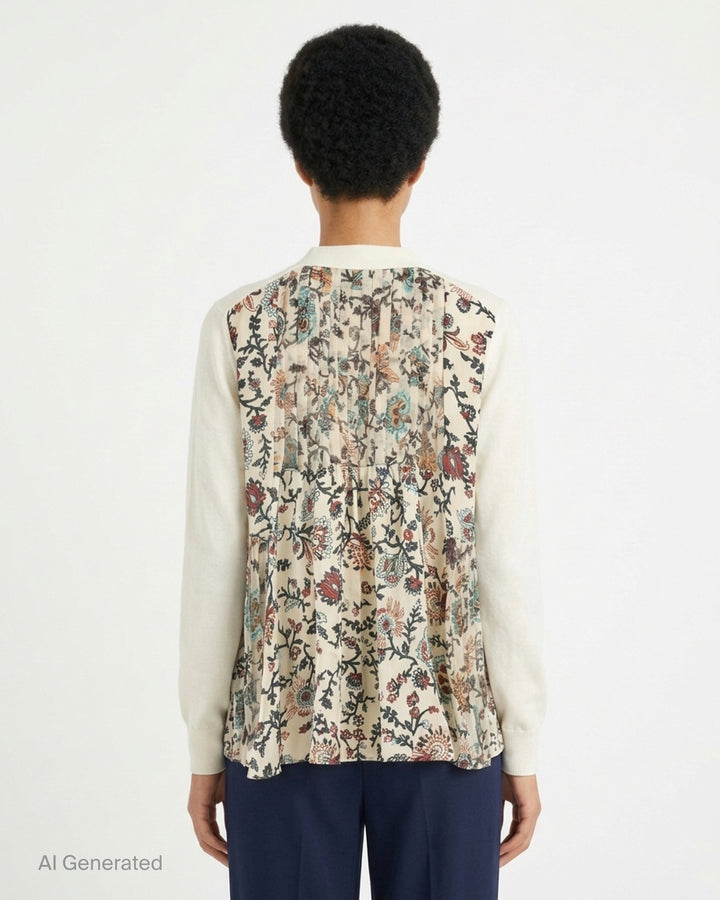 sacai black cotton knit cardigan with V-neckline, button front, patch pockets and a pleated sheer floral-print back panel - back