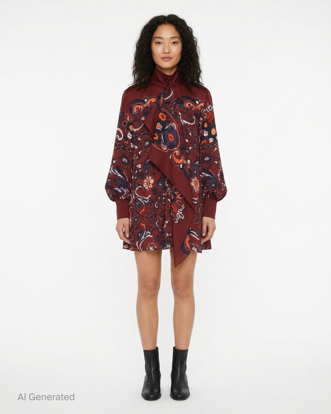 sacai burgundy satin mini dress with navy, orange and cream paisley floral print, high collar, draped scarf panel and balloon sleeves - front