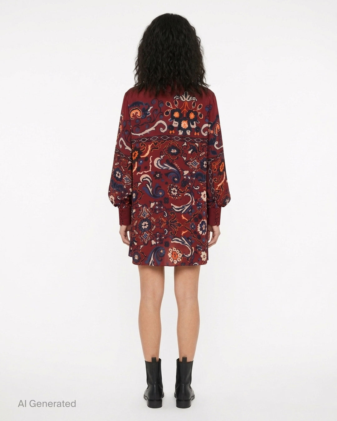 sacai burgundy satin mini dress with navy, orange and cream paisley floral print, high collar, draped scarf panel and balloon sleeves - back