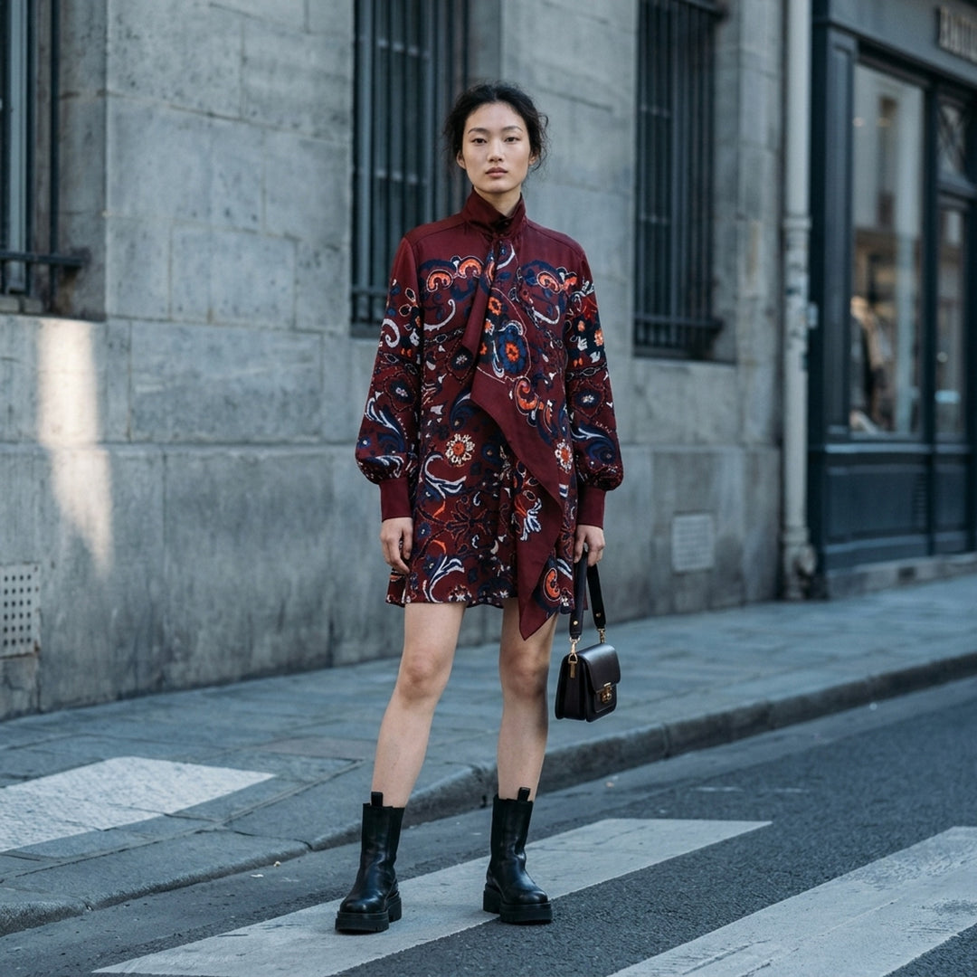 sacai burgundy satin mini dress with navy, orange and cream paisley floral print, high collar, draped scarf panel and balloon sleeves - lifestyle