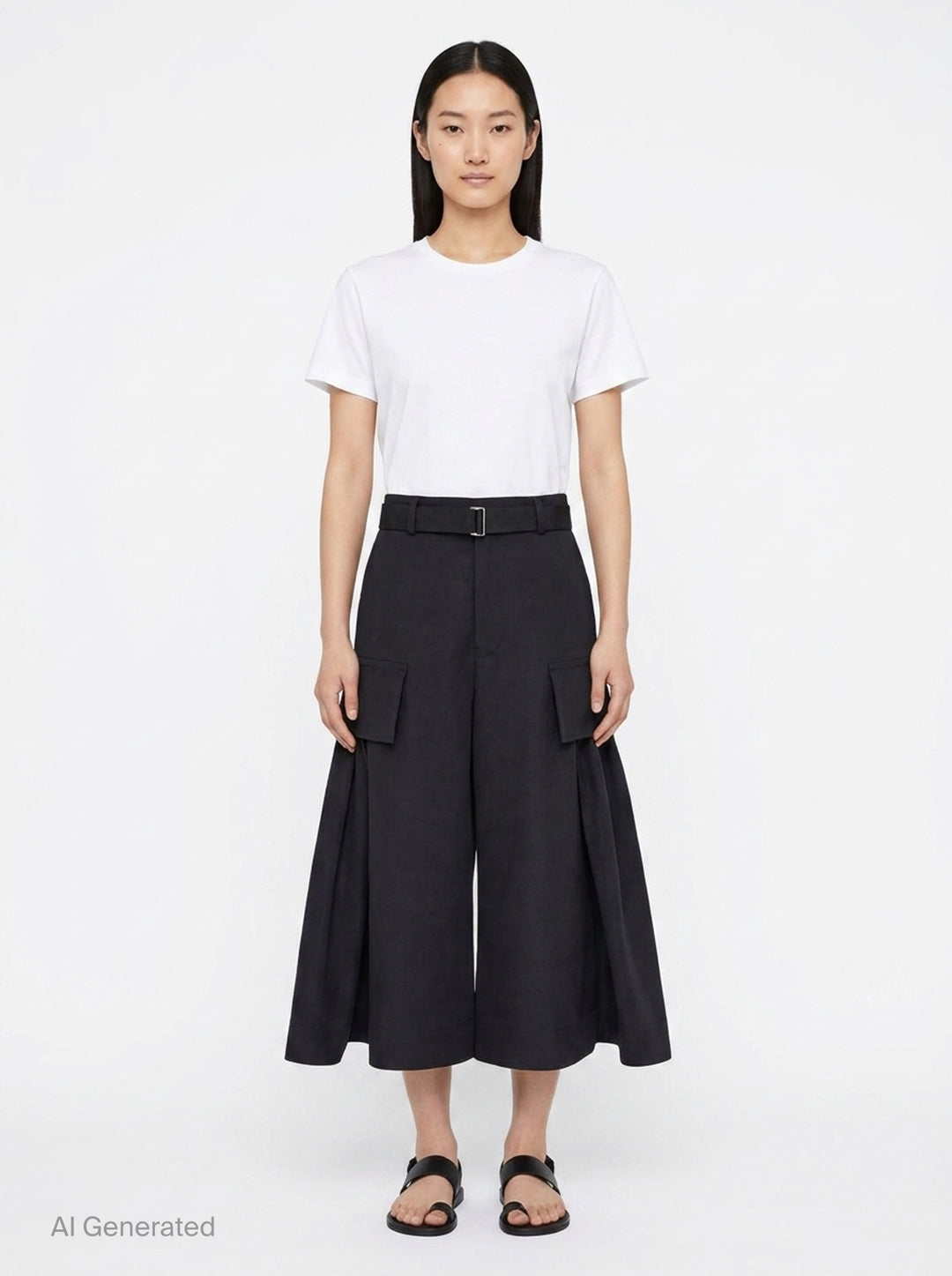 sacai Grosgrain Belted Wide-Leg Pants in black — high-waist pleated culottes with cargo patch pockets and integrated grosgrain belt, front view - front