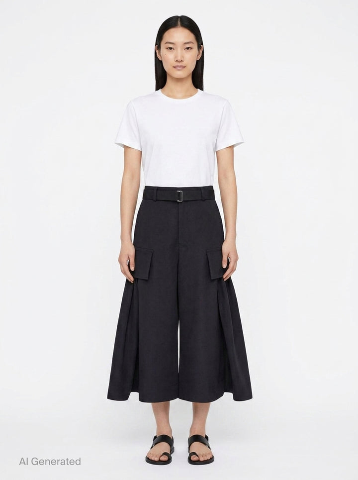 sacai Grosgrain Belted Wide-Leg Pants in black — high-waist pleated culottes with cargo patch pockets and integrated grosgrain belt, front view - front