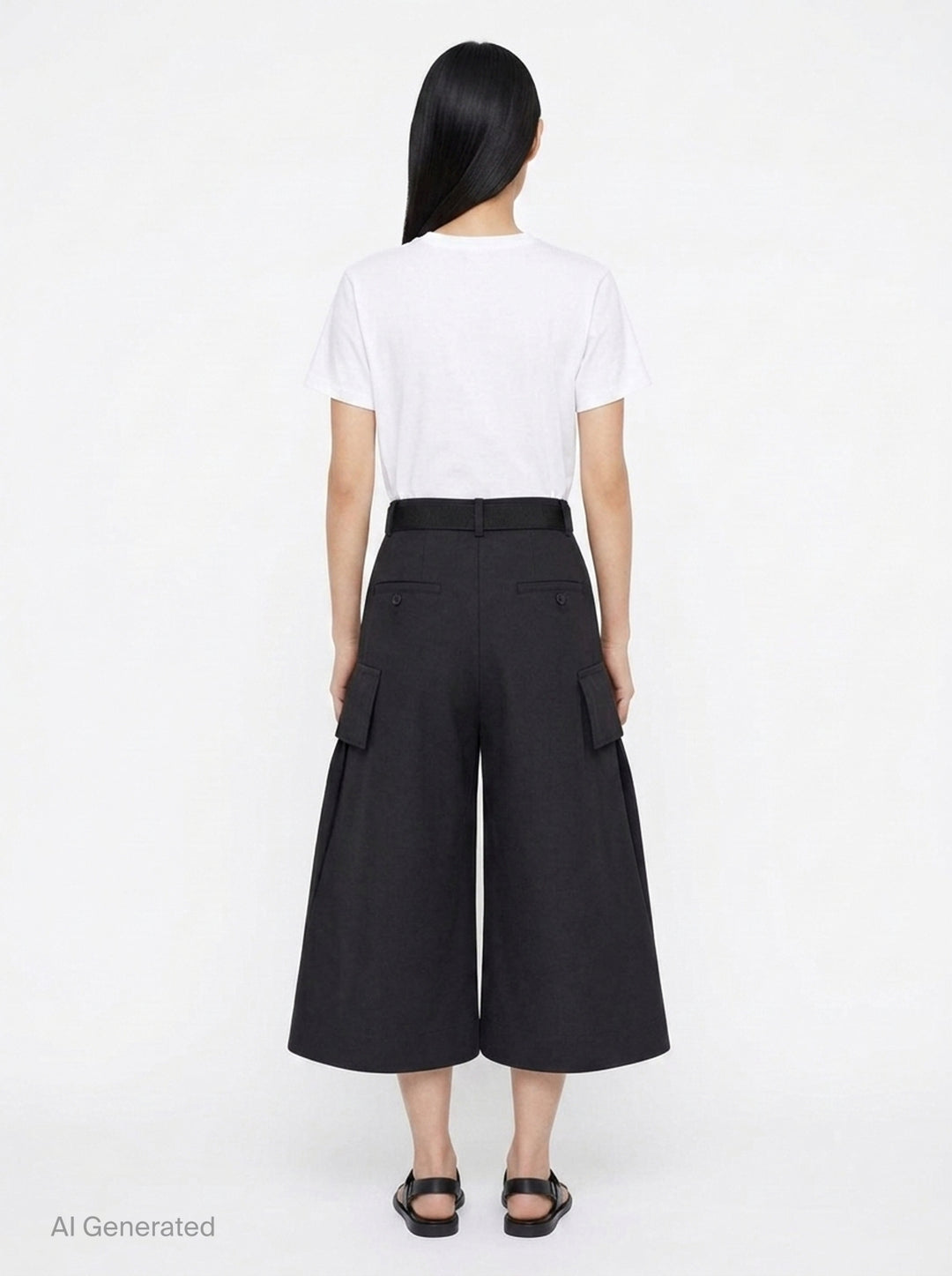 sacai Grosgrain Belted Wide-Leg Pants in black — high-waist pleated culottes with cargo patch pockets and integrated grosgrain belt, front view - back