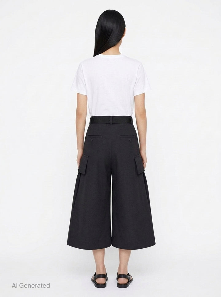 sacai Grosgrain Belted Wide-Leg Pants in black — high-waist pleated culottes with cargo patch pockets and integrated grosgrain belt, front view - back