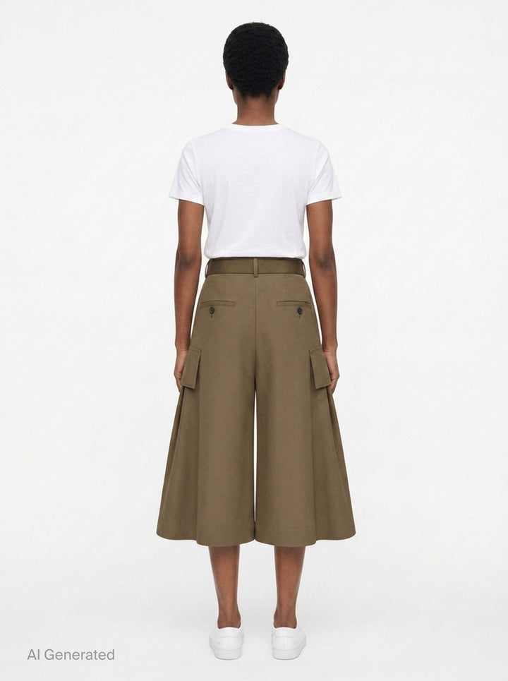 sacai Grosgrain Belted Wide-Leg Pants in black — high-waist pleated culottes with cargo patch pockets and integrated grosgrain belt, front view - back
