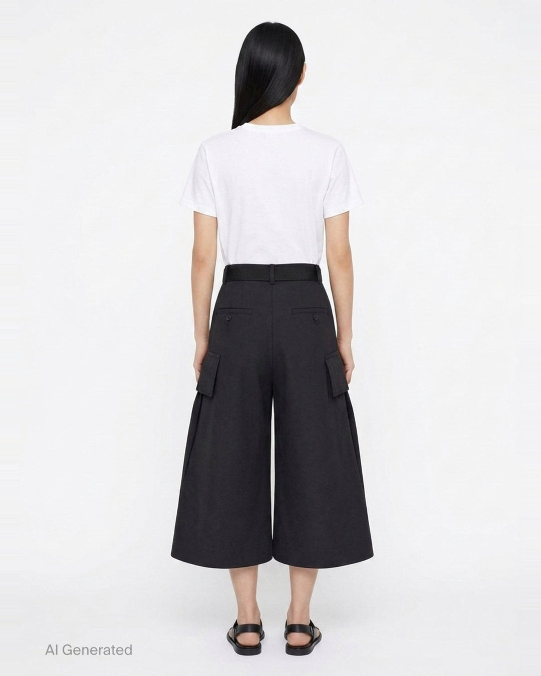 sacai Grosgrain Belted Wide-Leg Pants in black — high-waist pleated culottes with cargo patch pockets and integrated grosgrain belt, front view - back
