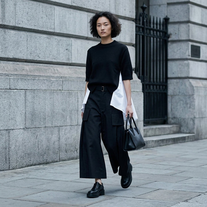 sacai Grosgrain Belted Wide-Leg Pants in black — high-waist pleated culottes with cargo patch pockets and integrated grosgrain belt, front view - lifestyle