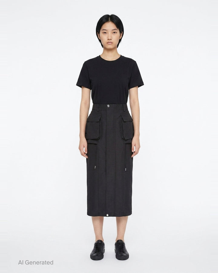 sacai Grosgrain Bonding Cargo Skirt in black, featuring oversized double-stacked cargo pockets, drawstring detail, and a high-rise pencil-cut midi silhouette - front