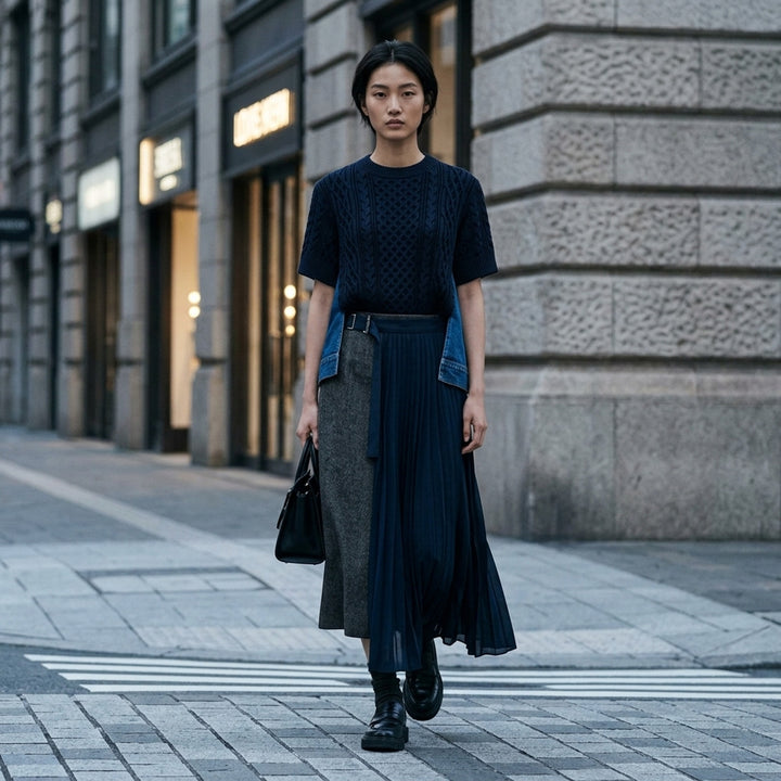 sacai herringbone pleated midi skirt combining a grey herringbone tweed panel with fluid knife-pleated navy fabric and a silver-tone belt buckle at the waistband - lifestyle
