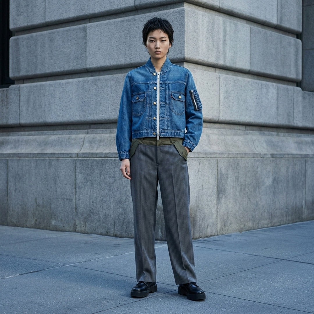 sacai x Levi's women's blue denim blouson jacket with bomber collar, exposed front zip, gold buttons, chest flap pockets and sleeve zip pocket - lifestyle